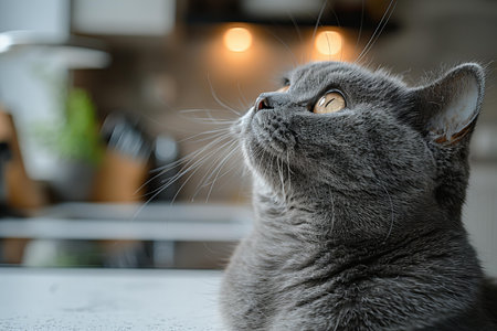Digital image of gray cat looking up at a white countertop, high quality, high resolutionの素材