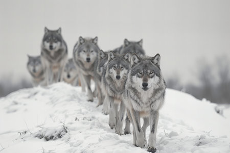 Wolves walking behind a snow covered hill, high quality, high resolutionの素材