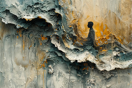 Featuring a  painting with an abstract scene of a man with his arm held freeの素材