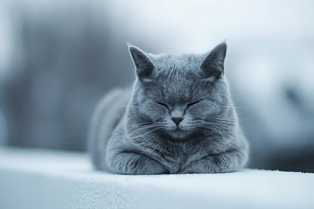 Illustration of  grey cat with its eyes closed is sitting on a white wallの素材