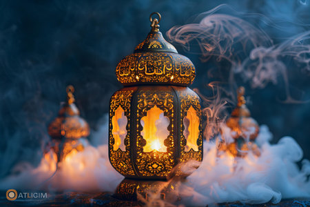 Gold lantern glow light with smoke coming out of the sidesの素材