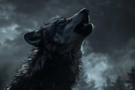 A black wolf howling against the night sky, high quality, high resolutionの素材