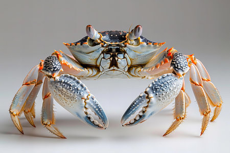 Depicting a  crab with big claws standing on white surface, high quality, high resolutionの素材