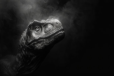 Digital image of  black and white photo of a dinosaur in a dark backgroundの素材