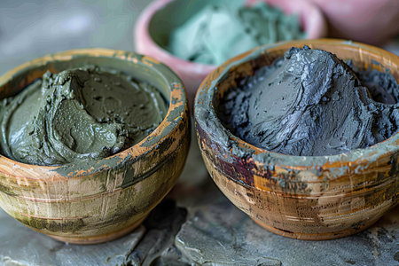 Featuring a three bowls of face mud and clay in natural wood containersの素材