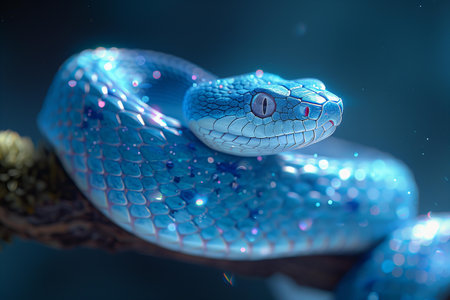Digital image of blue snake perched on a branch, high quality, high resolutionの素材