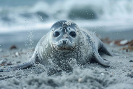 A baby seal lies on the beach, covered in sand with waves crashing behind it. the seal has gray fur and is looking at the camera.の素材