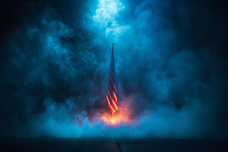 Illustration of  photo of an american flag blowing in smoke on black backgroundの素材