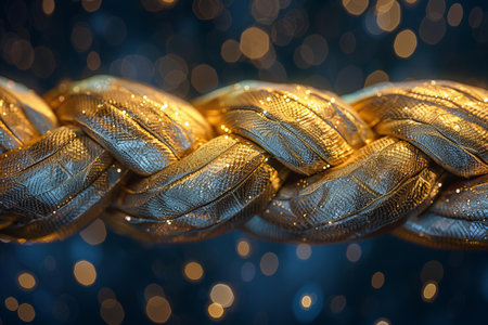 Depicting a the intricate gold braid is photographed up close on a night skyの素材