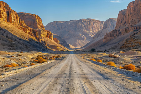 A wide angle photo of the desert mountains in egypt, clear sky, empty road, dirt track, low camera perspective, golden hour, realistic, shotの素材