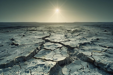 Digital image of photograph of a vast, cracked desert landscape under the scorching sun. the sky is clear and grey with no clouds in sight. there's an empty feeling to it, as if there should be something expansive and majestic waiting behind that crackled earth. photography, photorealistic, cinematiの素材