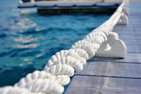 Depicting a closeup of white rope and dock, with water in the background.の素材