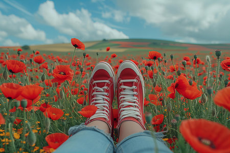Two legs with red sneakers laying in a field of poppiesの素材
