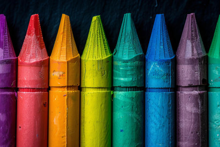 Depicting a colorful crayons arranged in a rainbow pattern, symbolizing creativity and diversity. the background is dark to highlight the bright colors of each wax block.の素材