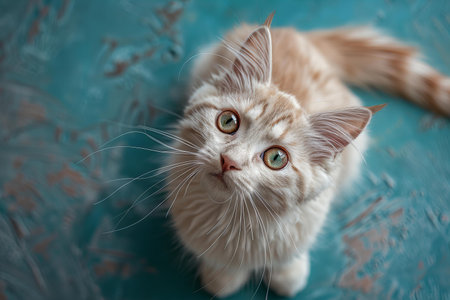 A white cat looking up at the camera is sitting on a blue backgroundの素材