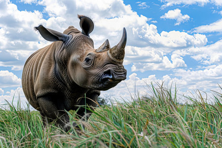 A black rhino standing in the green grass of south africa's game park, with a blue sky and white clouds overhead. the camera captures it from an angle that highlights its full body, showcasing its majestic silhouette against natureâs backdrop.の素材