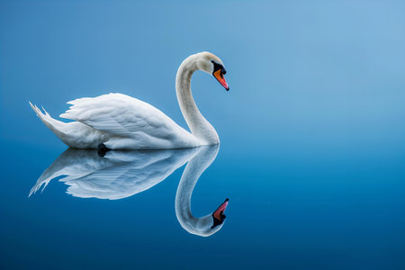 Depicting a white swan on blue background with reflection, in the minimalist style.の素材