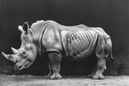 Black and white photo of rhino, side view, against a black background, taken from a low angle, in a cinematic style.の素材