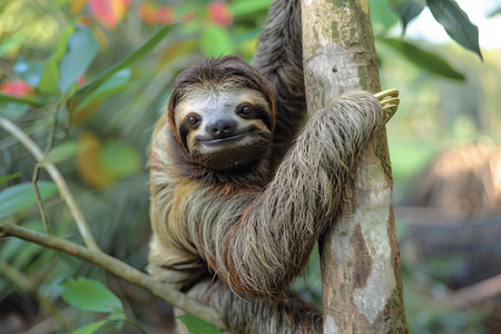 A sloth hanging from the branch of an tree in its natural habitat, national geographic photoの素材