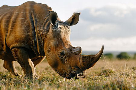 Illustration of close up photo of rhino grazing on grass, in the savannah, natural light, kodak portra, hasselblad cw.の素材