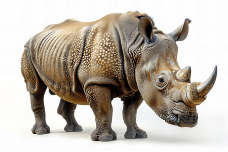 Digital artwork of stylized rhinoceros standing on white background, full body side view, no shadow, isolated, hyper realistic photograph, wide angle lens, low camera position, high resolution photography, high definition pictureの素材