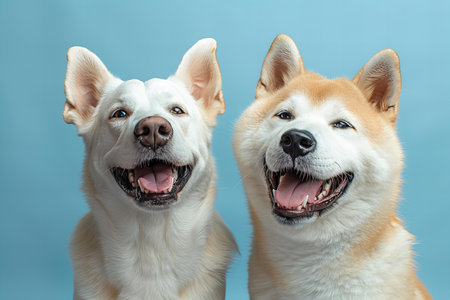 Featuring a photo of a white labrador and an akita dog laughing on light blue background, with copy space. web banner with copyspace on the right for textの素材
