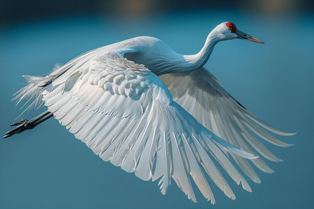 White crane in flight flying across blue sky, high quality, high resolutionの素材