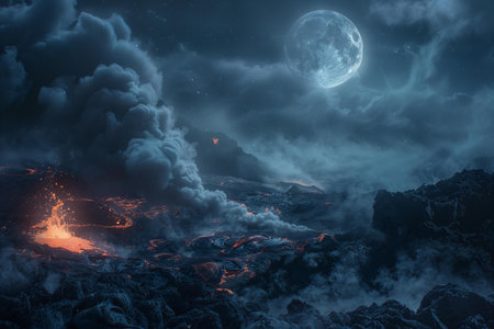 Digital artwork of lava and smoke in the moonlight on an alien planet, fantasy photography, cinematic. the image depicts lava and smoke illuminatedの素材