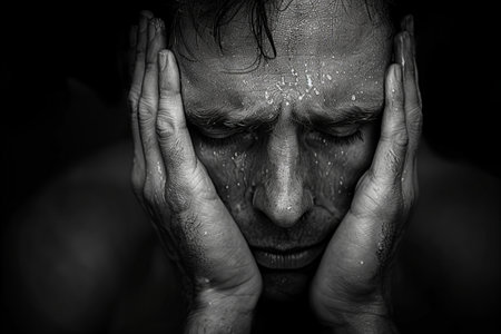Depicting a man holding his head in hands, suffering from anxiety or depression isolated on black background. a dark and dramatic concept of a mental health patient with a blurred face. monochrome. black and white photography, a realistic photo. in the style of a realistic photo.の素材