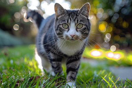 A grey and white cat is walking across the green grassの素材
