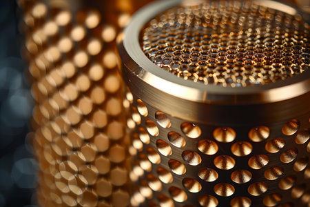 A closeup of the texture on an industrial speaker, showcasing its gold color and intricate hexagonal patterns that give it a metallic sheen. the background is dark to highlight the speaker's surface.の素材