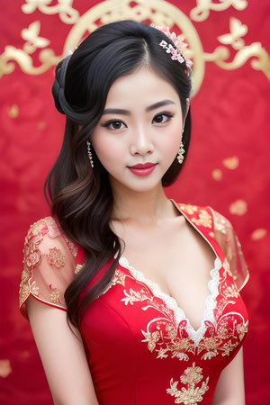 Striking asian woman wearing aodai, the national traditional dress in Vietnam, high quality portrait, isolated on a backgroundの素材