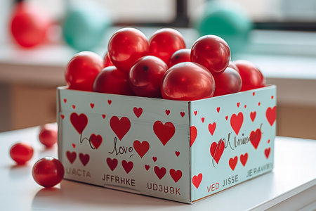 A box with hearts, love quotes, and red hearts with red balloon backgrounds on a white tableの素材