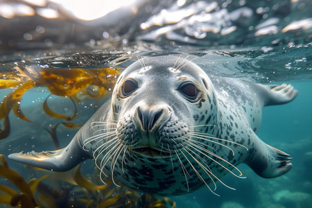 A seal swimming in the ocean, under water shot, kelp floating around.の素材