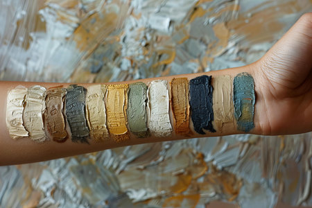 Digital image of some natural swatches and other colors on a woman's armの素材