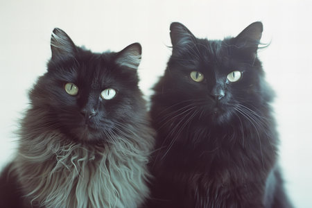 Unfriendly black cat with long curly hair sitting in front of white backgroundの素材