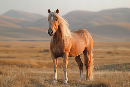 A horse standing in a dry grass field, high quality, high resolutionの素材