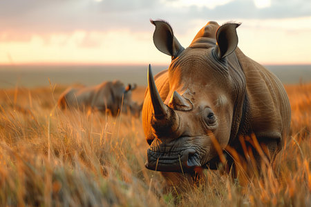 Illustration of closeup of rhinos in the grasslands, african wildlife photographyの素材