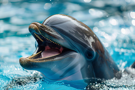 Close up of a happy dolphin with its mouth open in blue water, the animal at a sea park swimming poolの素材