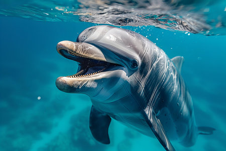 Depicting a  dolphin with an open mouth floating in the water against a clear blue backgroundの素材