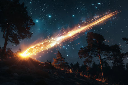 A meteorite falls from the sky, glowing with white light and leaving behind long trails of colorful fire on its way down to earth. the night is full of stars in the background, and you can see some trees next to me.の素材