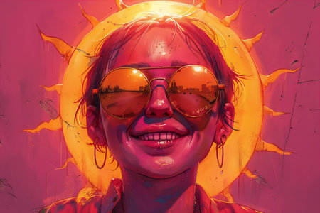 Fantasy illustration of a girl with a sun in the background.の写真素材