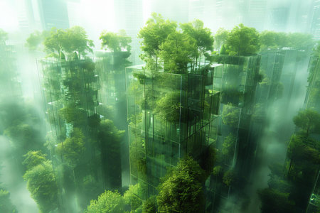 Modern city with skyscrapers and trees in fog. 3D renderingの写真素材