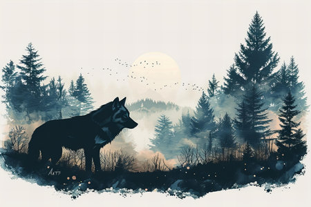 Silhouette of a wolf in the forest. Vector illustration.の写真素材