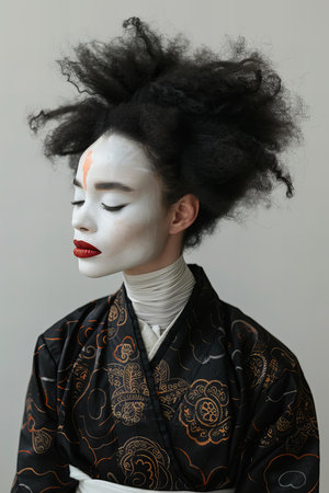 Portrait of a geisha in kimono with black hairの写真素材