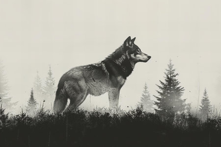 Black and white image of a wolf standing in a foggy forest.の写真素材