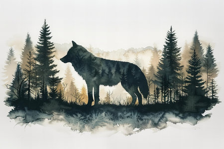 Watercolor illustration of a wolf in the forest. Digital painting.の写真素材