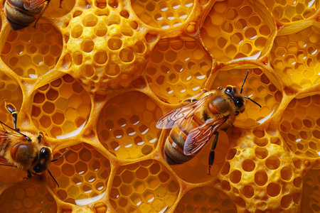 Close up view of the working bees on honeycells. Bee on honeycomb.の写真素材