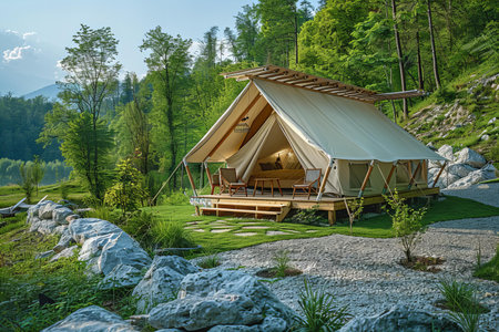 Tourist tent in the mountains. Camping in the mountains.の写真素材