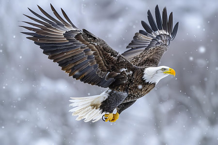 Adult Bald Eagle in flight. Winter scene. Scientific name: Haliaeetus leucocephalus.の写真素材